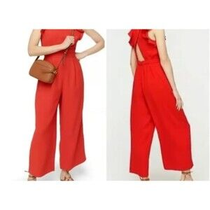 J Crew Jumpsuit Womens 4 Red Ruffle Short Sleeve Wide Leg Open Back